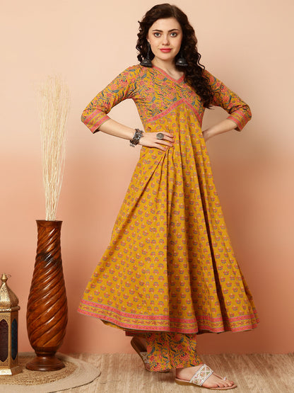 Calf Length Flared 3/4 Sleeves V Kurta Bottom Dupatta Set (Preorder)