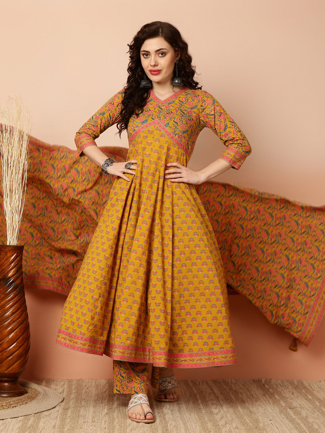 Calf Length Flared 3/4 Sleeves V Kurta Bottom Dupatta Set (Preorder)