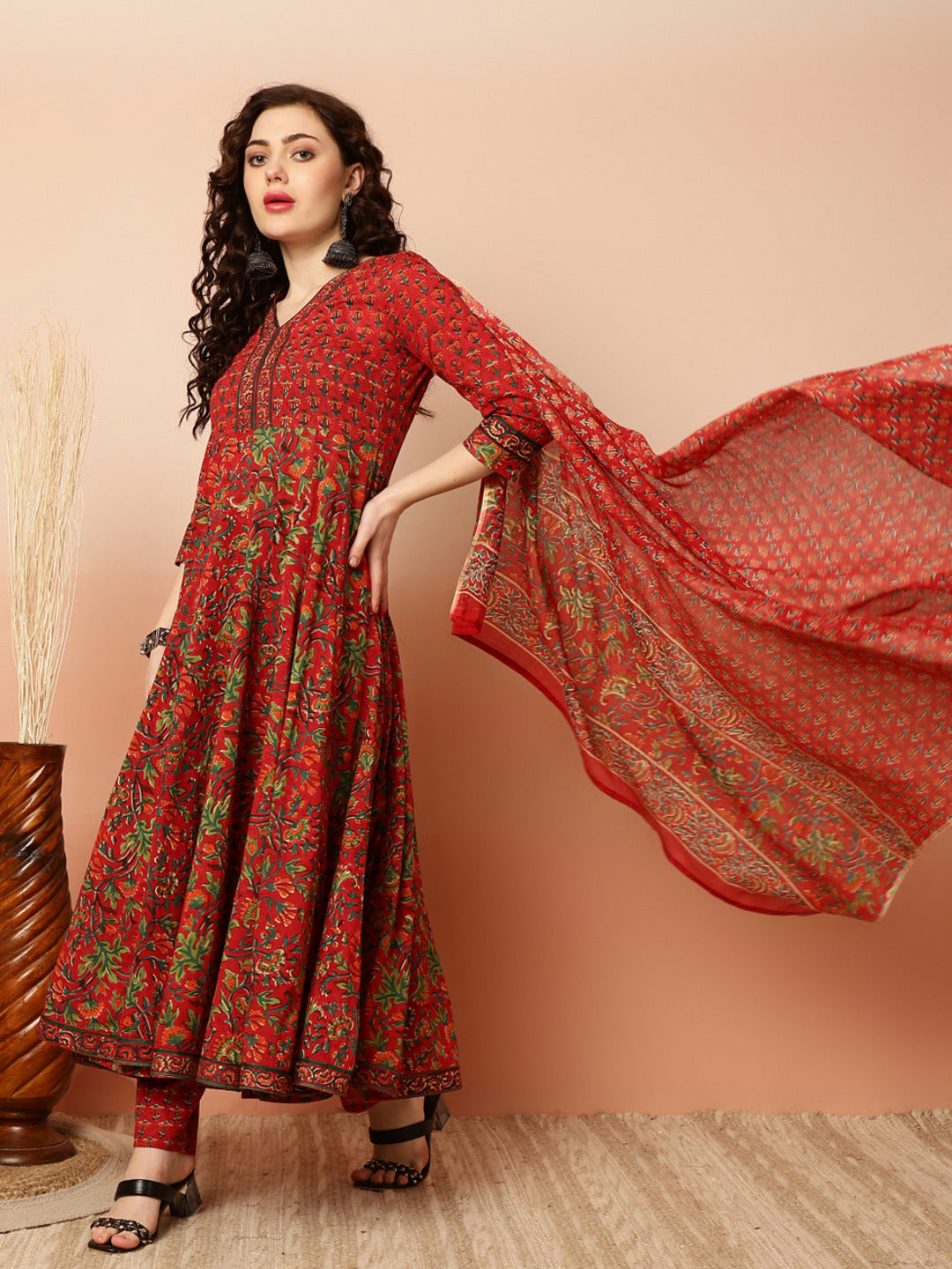Calf Length Flared 3/4 Sleeves V Kurta Bottom Dupatta Set (Preorder)