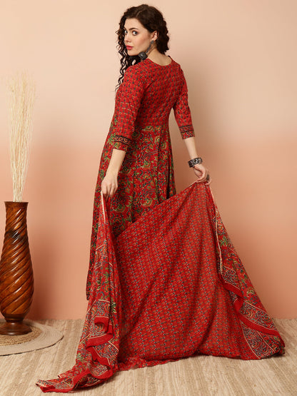 Calf Length Flared 3/4 Sleeves V Kurta Bottom Dupatta Set (Preorder)