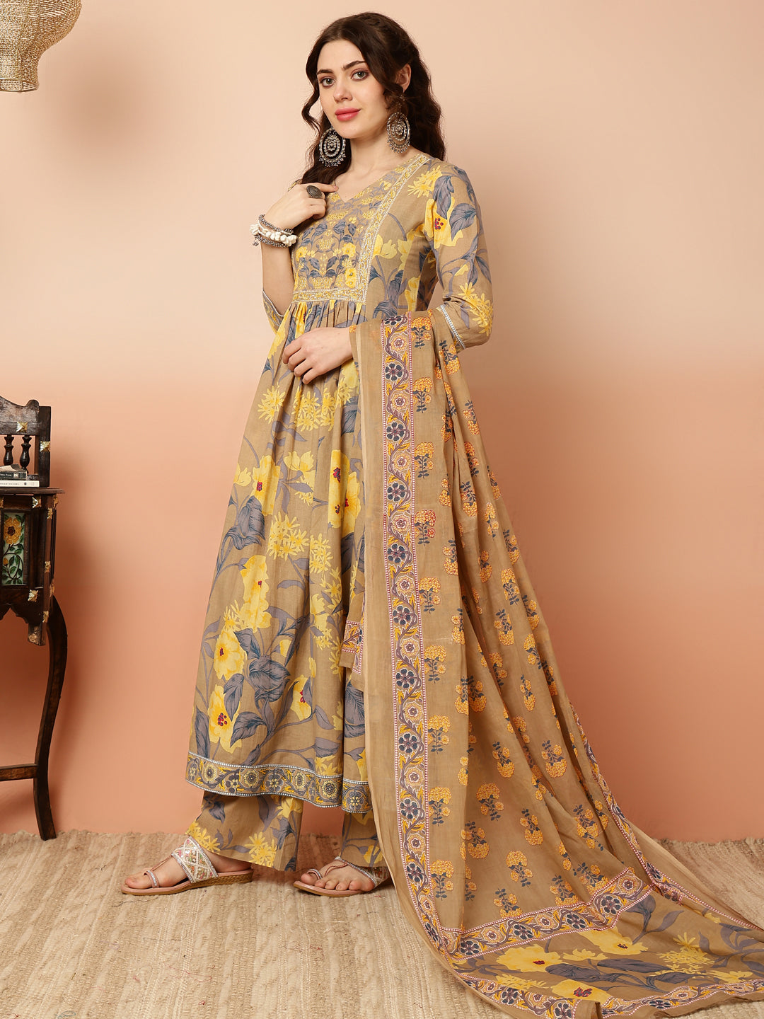 Calf Length Flared 3/4 Sleeves Round Kurta Bottom Dupatta Set (Preorder)