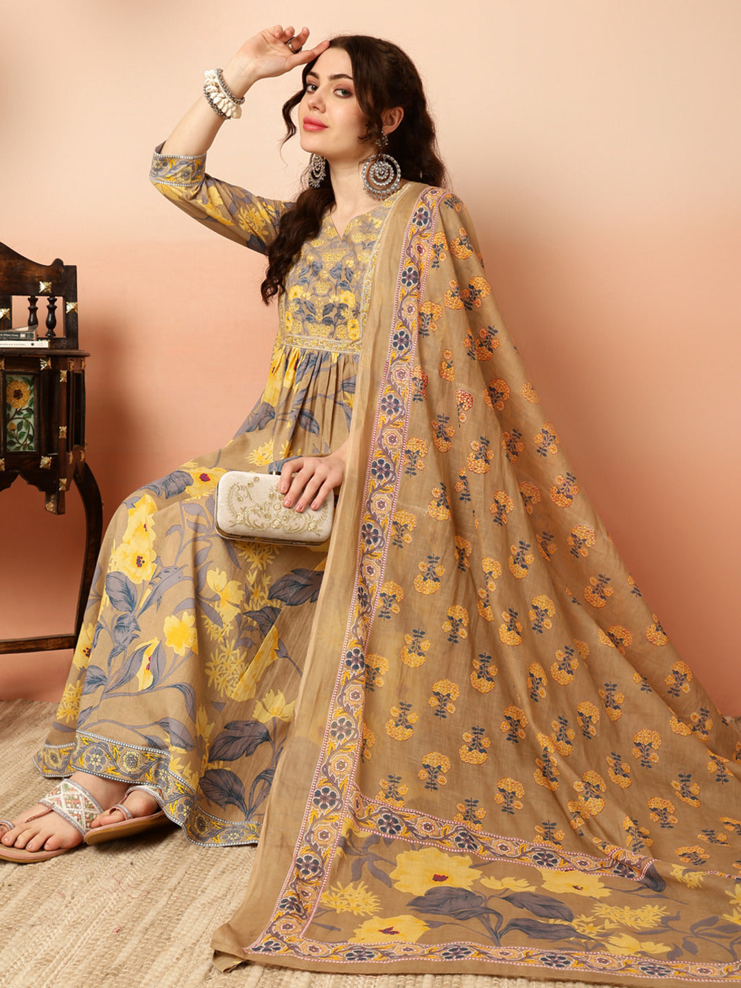 Calf Length Flared 3/4 Sleeves Round Kurta Bottom Dupatta Set (Preorder)