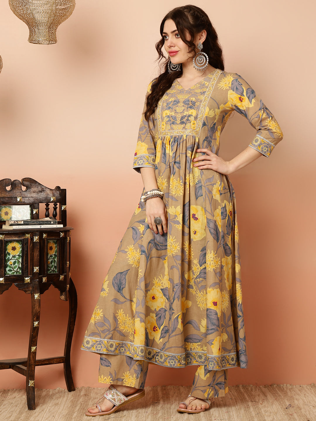 Calf Length Flared 3/4 Sleeves Round Kurta Bottom Dupatta Set (Preorder)