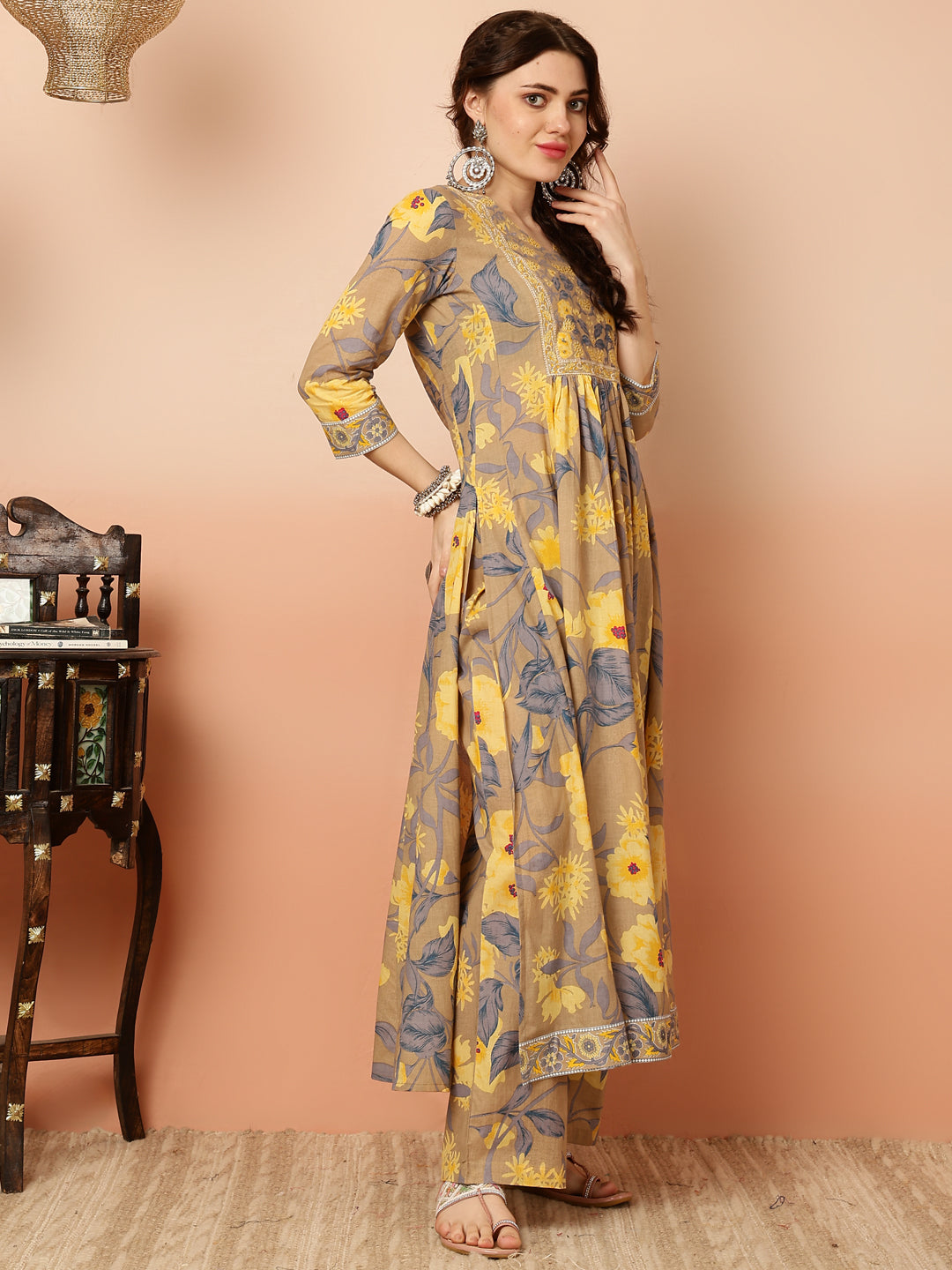 Calf Length Flared 3/4 Sleeves Round Kurta Bottom Dupatta Set (Preorder)