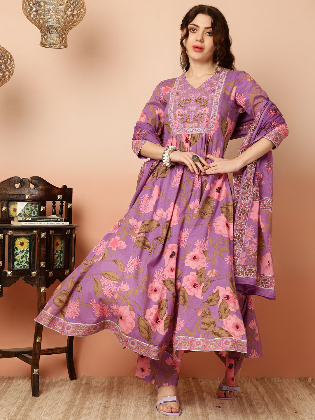 Calf Length Flared 3/4 Sleeves Round Kurta Bottom Dupatta Set (Preorder)