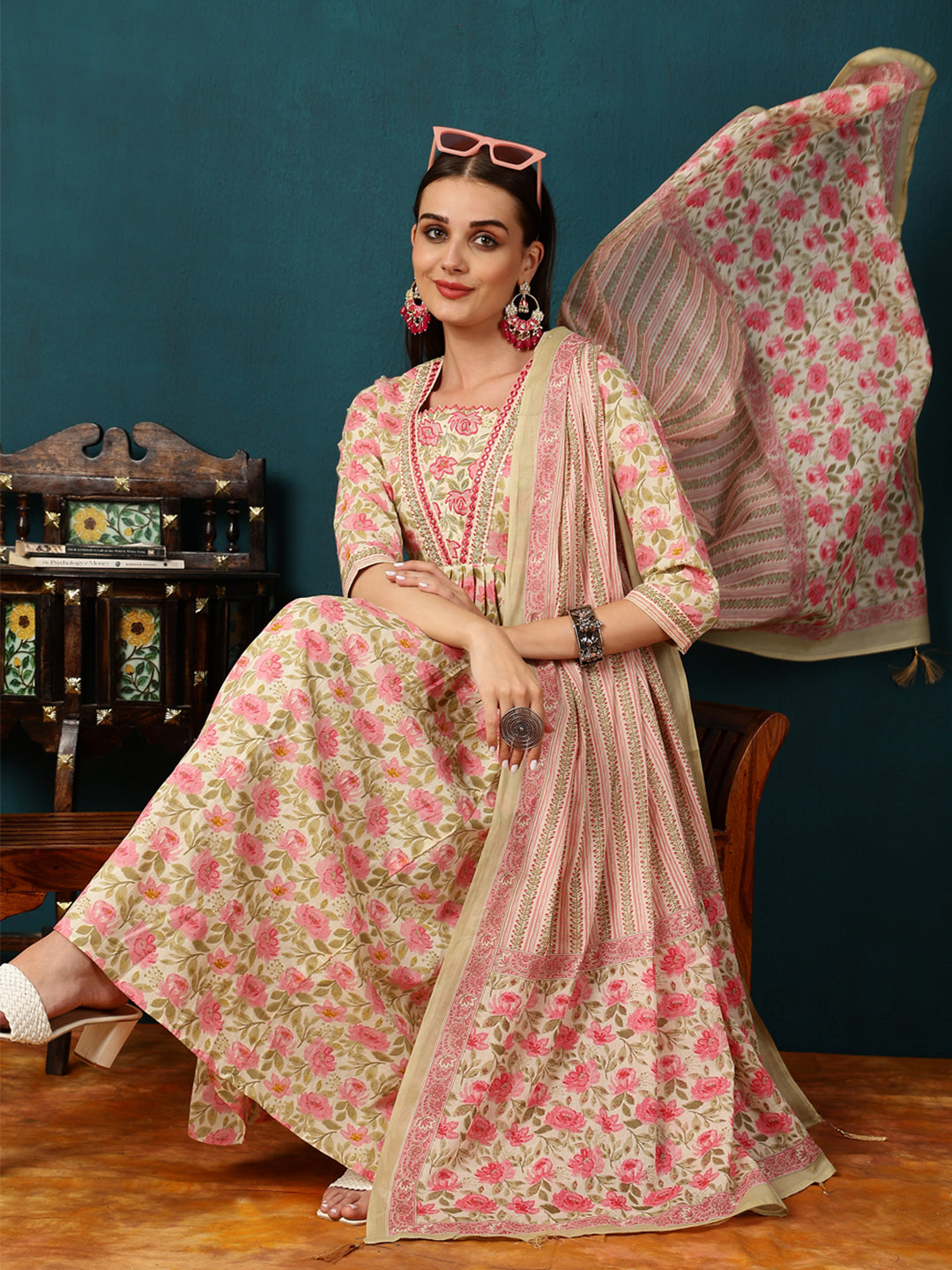 Rayon Calf Length Printed Straight 3/4 Sleeves Shirt Coller Kurta Bottom Dupatta Set (Preorder)