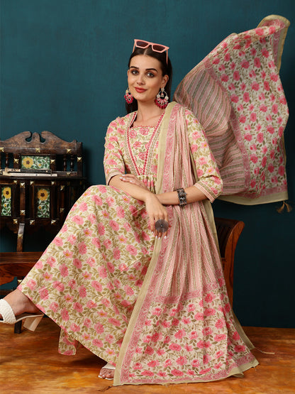 Rayon Calf Length Printed Straight 3/4 Sleeves Shirt Coller Kurta Bottom Dupatta Set (Preorder)