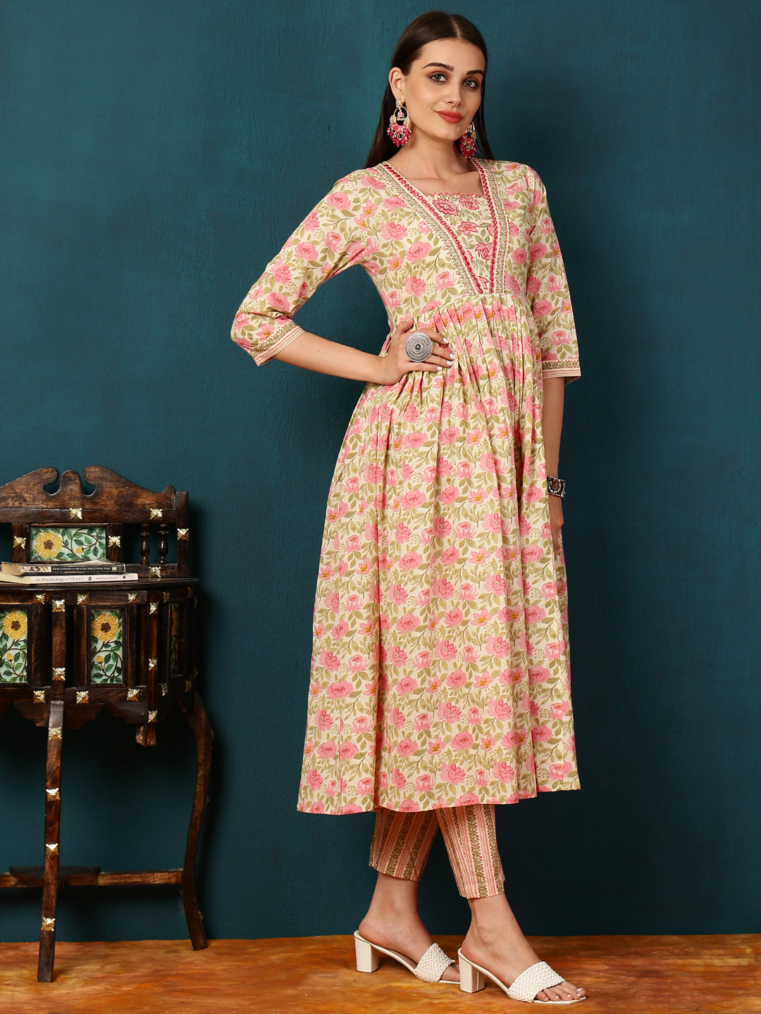 Rayon Calf Length Printed Straight 3/4 Sleeves Shirt Coller Kurta Bottom Dupatta Set