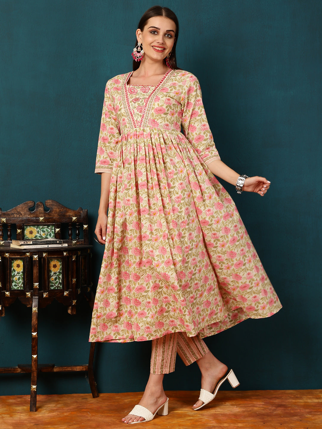 Rayon Calf Length Printed Straight 3/4 Sleeves Shirt Coller Kurta Bottom Dupatta Set (Preorder)