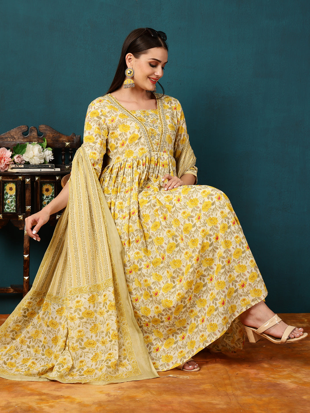 Rayon Calf Length Printed Straight 3/4 Sleeves Shirt Coller Kurta Bottom Dupatta Set