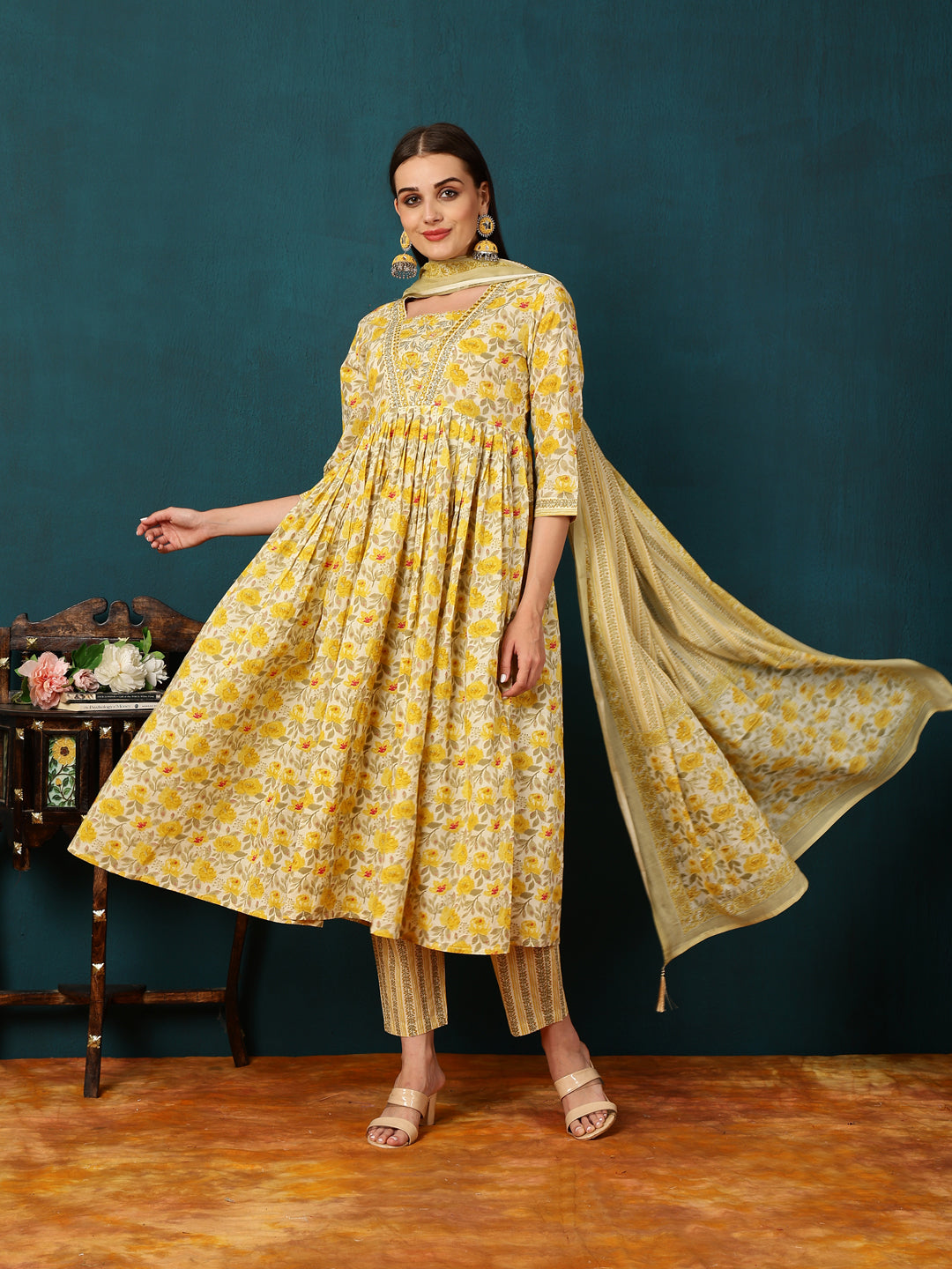 Rayon Calf Length Printed Straight 3/4 Sleeves Shirt Coller Kurta Bottom Dupatta Set (Preorder)
