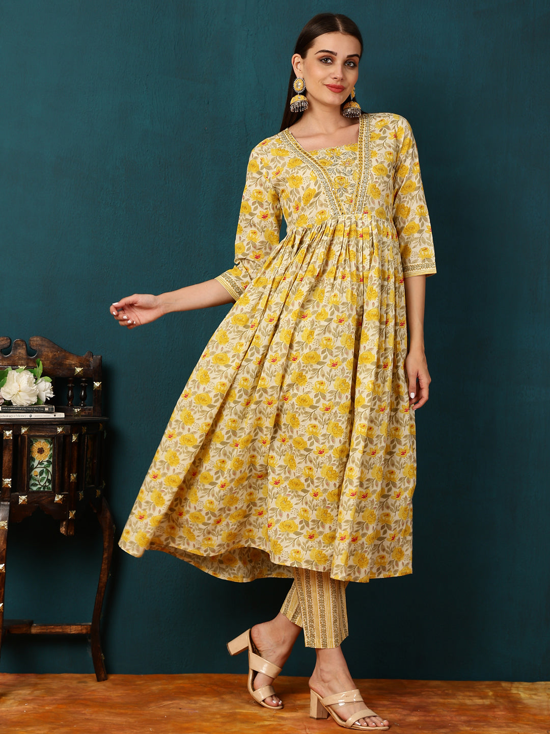 Rayon Calf Length Printed Straight 3/4 Sleeves Shirt Coller Kurta Bottom Dupatta Set (Preorder)