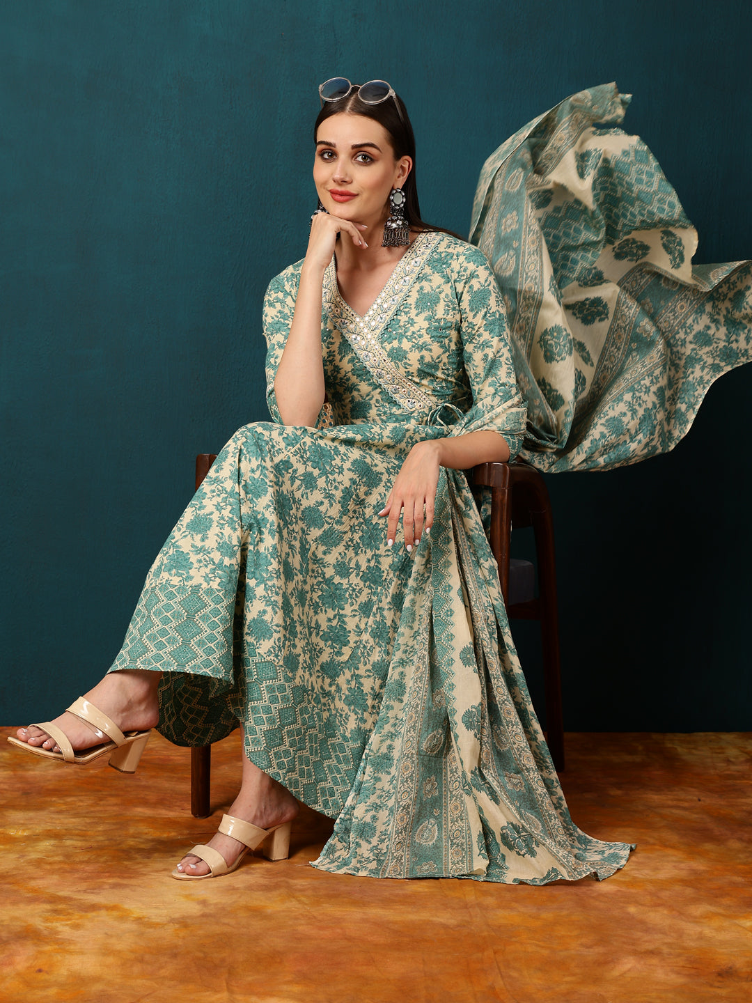 Cotton Calf Length Printed Flared 3/4 Sleeves V-Neck Kurta Bottom Dupatta Set