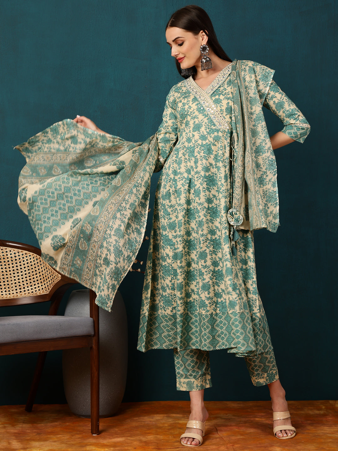 Cotton Calf Length Printed Flared 3/4 Sleeves V-Neck Kurta Bottom Dupatta Set