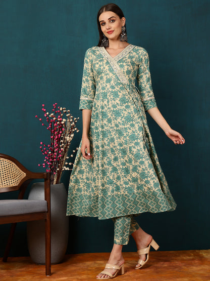 Cotton Calf Length Printed Flared 3/4 Sleeves V-Neck Kurta Bottom Dupatta Set