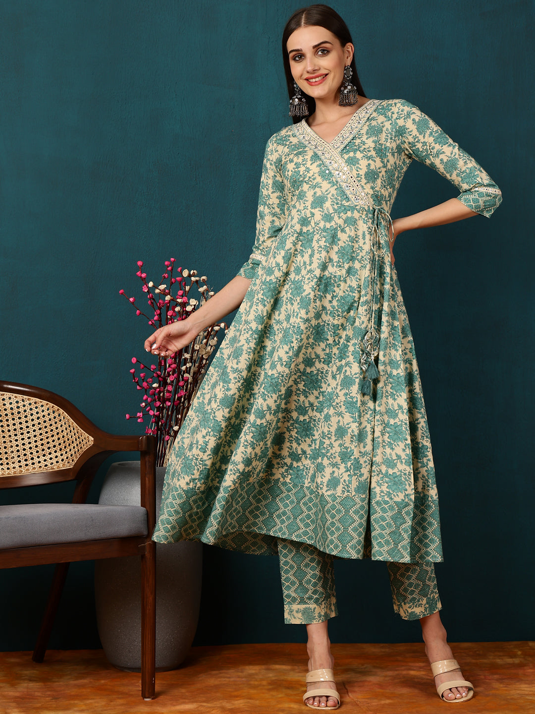 Cotton Calf Length Printed Flared 3/4 Sleeves V-Neck Kurta Bottom Dupatta Set