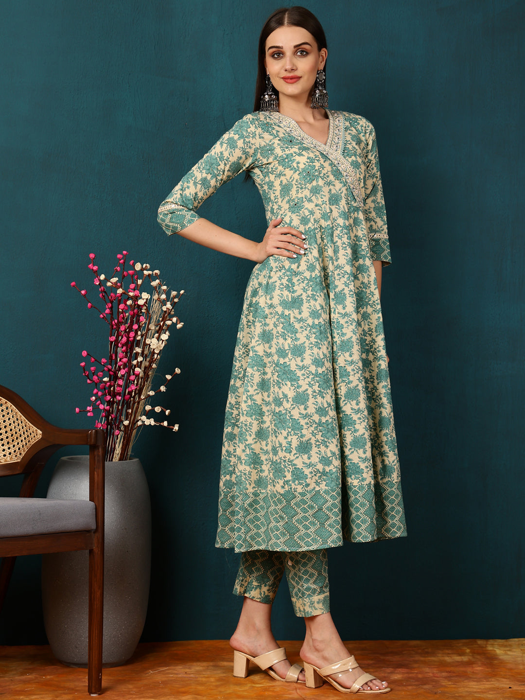 Cotton Calf Length Printed Flared 3/4 Sleeves V-Neck Kurta Bottom Dupatta Set