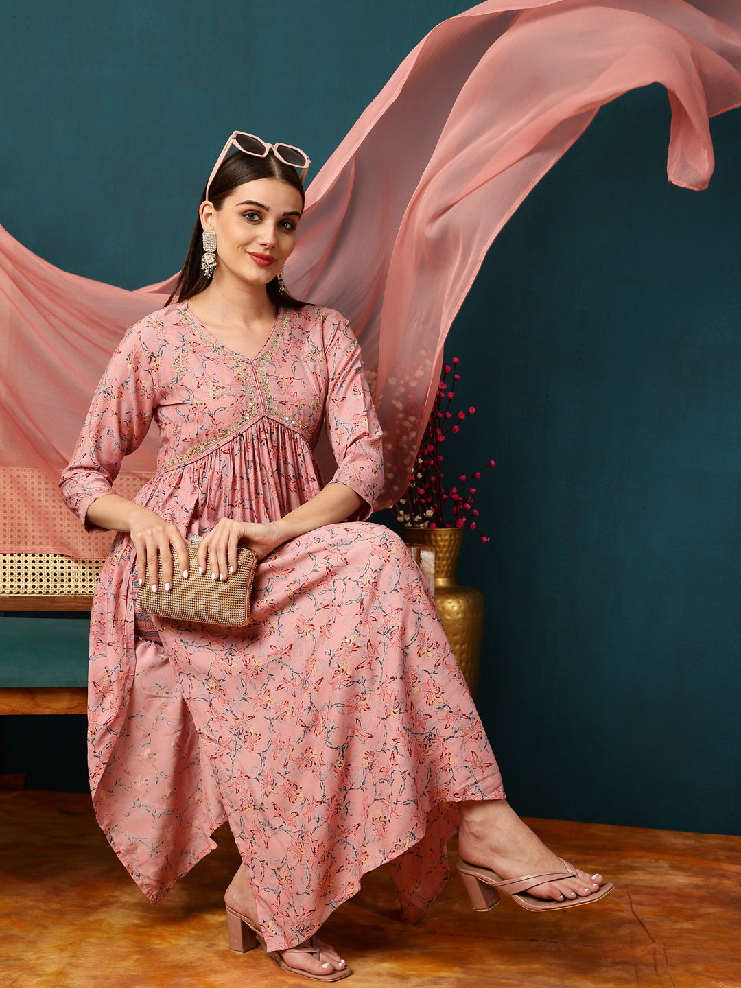 Rayon Calf Length Printed Flared 3/4 Sleeves V-Neck Kurta Bottom Dupatta Set (Preorder)