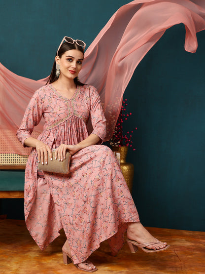 Rayon Calf Length Printed Flared 3/4 Sleeves V-Neck Kurta Bottom Dupatta Set (Preorder)