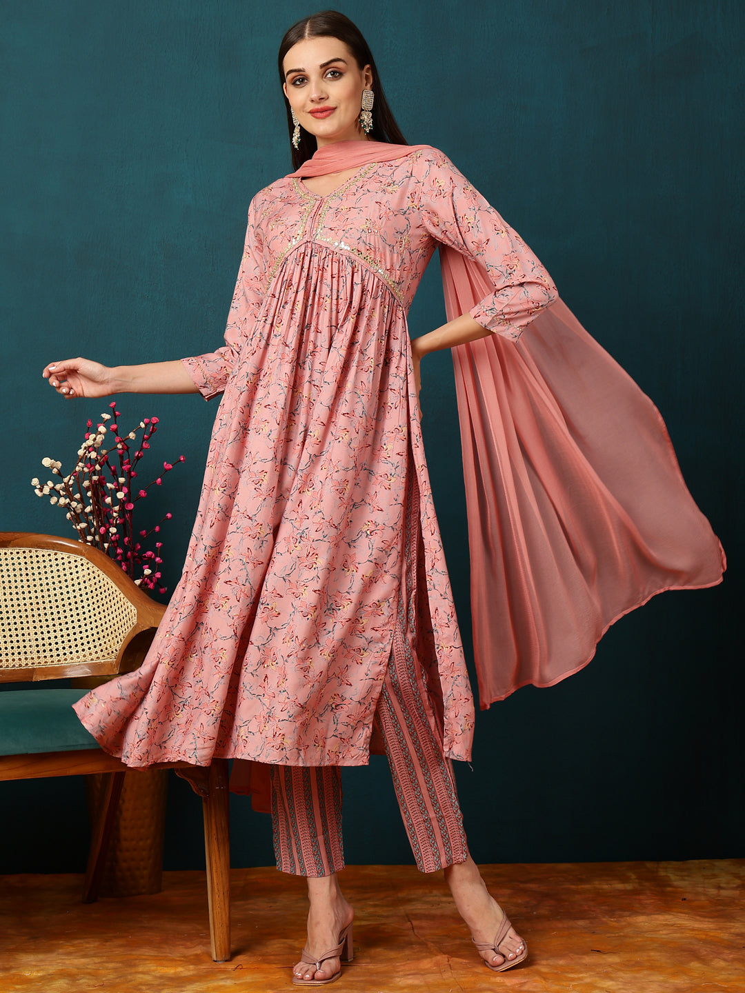 Rayon Calf Length Printed Flared 3/4 Sleeves V-Neck Kurta Bottom Dupatta Set (Preorder)