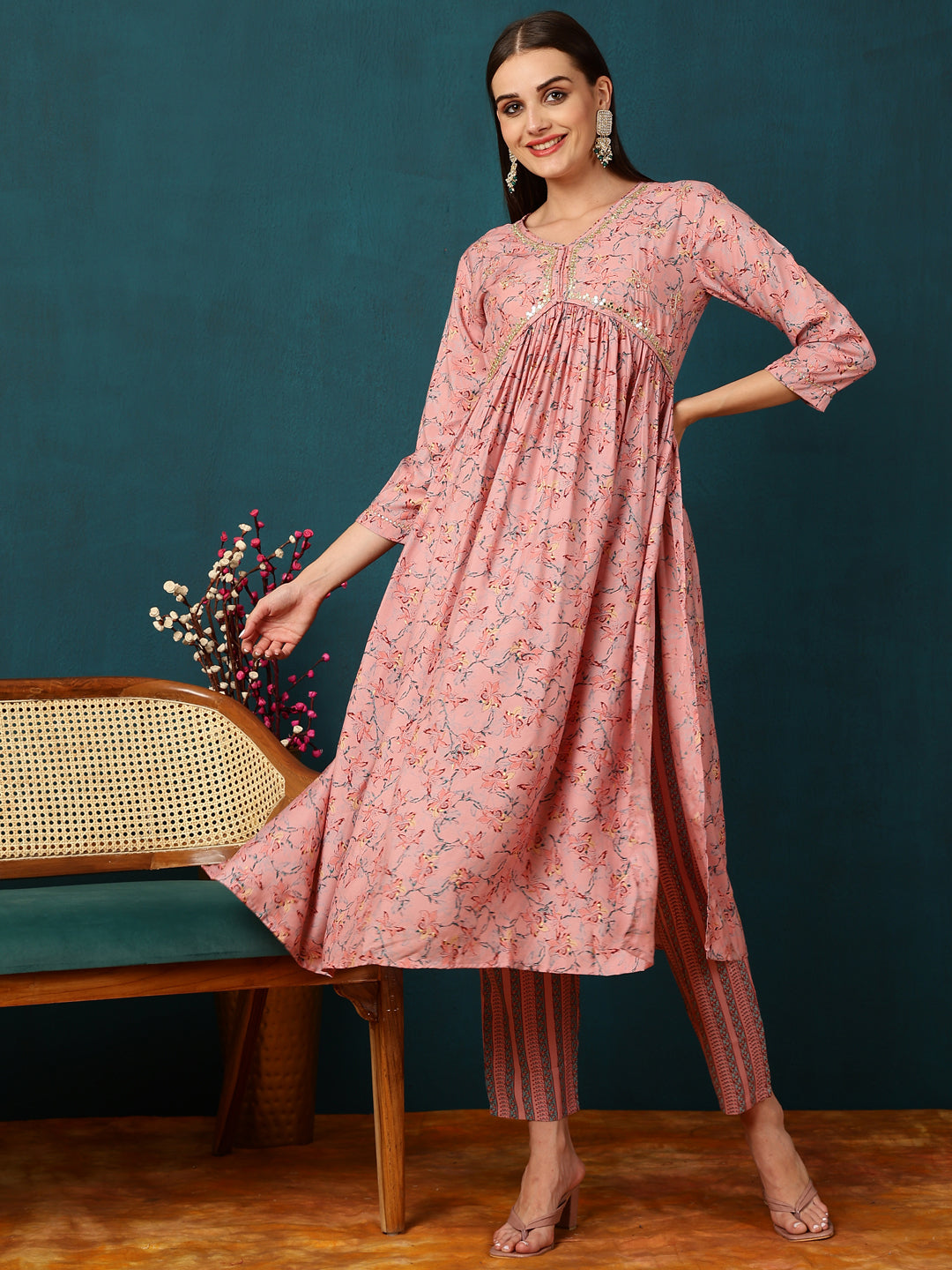 Rayon Calf Length Printed Flared 3/4 Sleeves V-Neck Kurta Bottom Dupatta Set (Preorder)