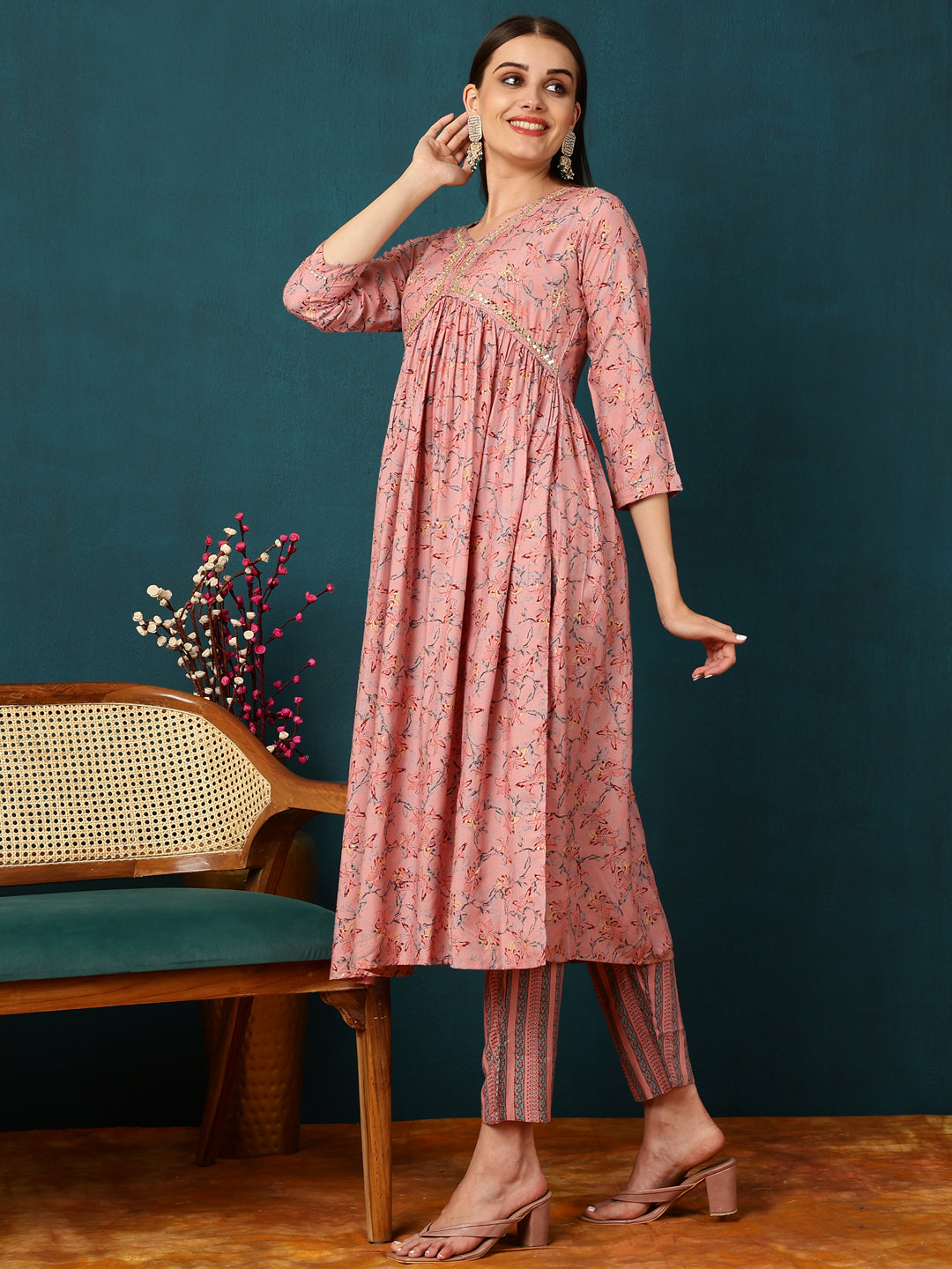 Rayon Calf Length Printed Flared 3/4 Sleeves V-Neck Kurta Bottom Dupatta Set (Preorder)