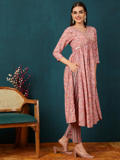 Rayon Calf Length Printed Flared 3/4 Sleeves V-Neck Kurta Bottom Dupatta Set (Preorder)