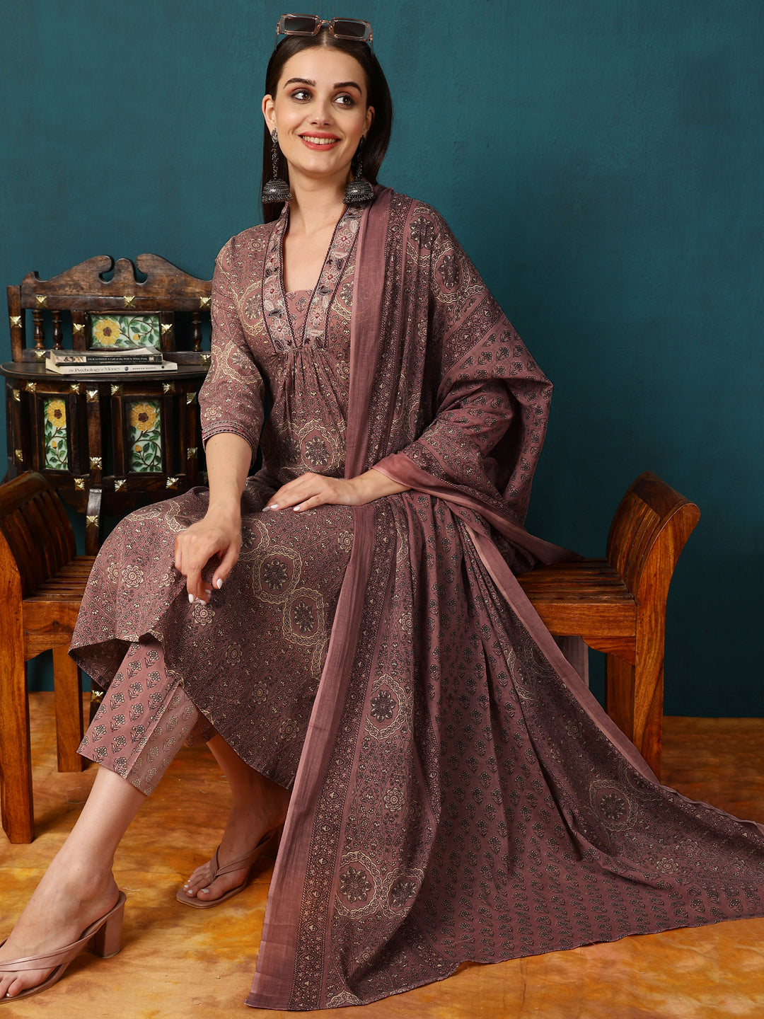 Rayon Calf Length Printed Semi-Flared 3/4 Sleeves V-Neck Kurta Bottom Dupatta Set (Preorder)
