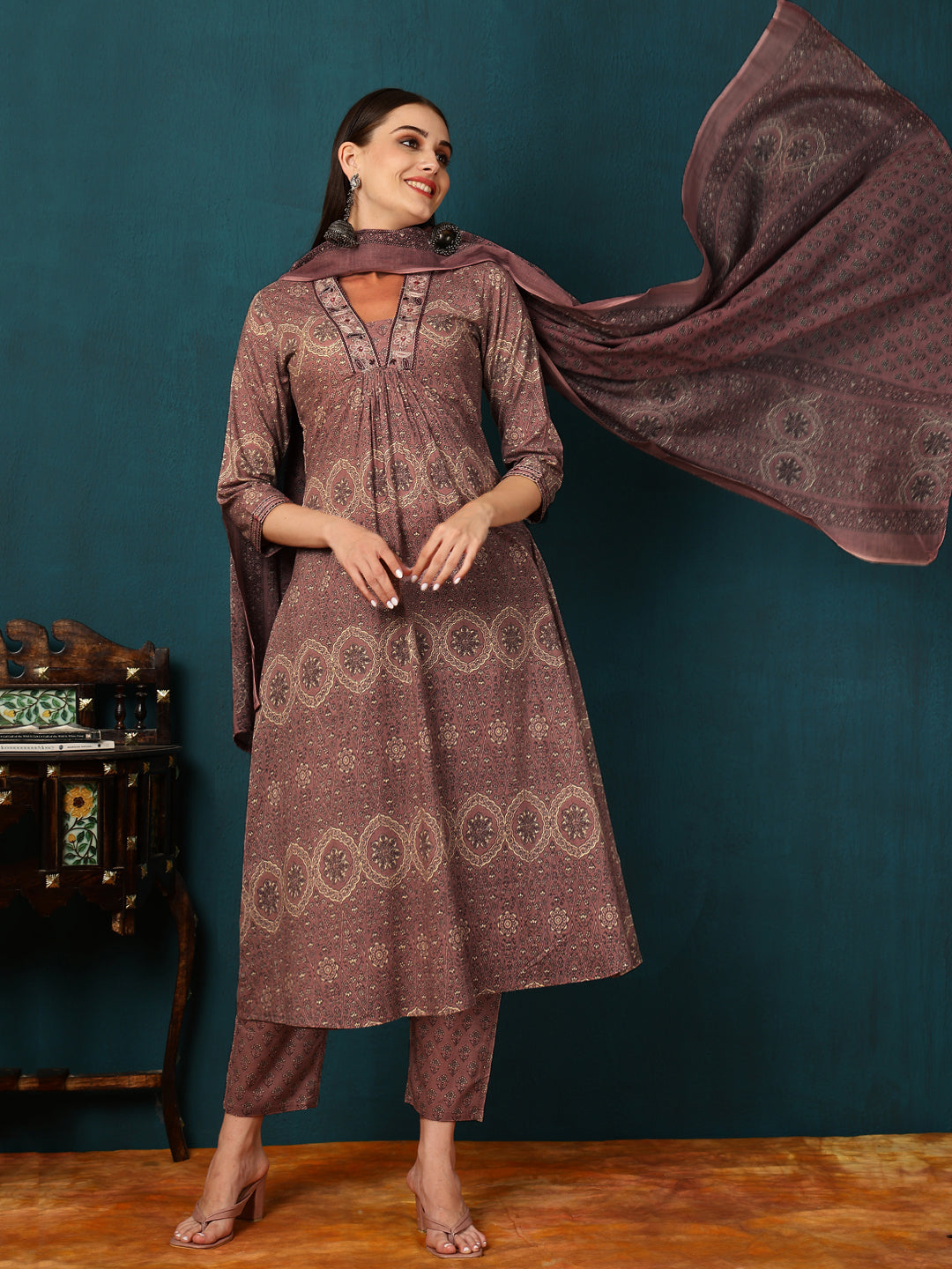 Rayon Calf Length Printed Semi-Flared 3/4 Sleeves V-Neck Kurta Bottom Dupatta Set