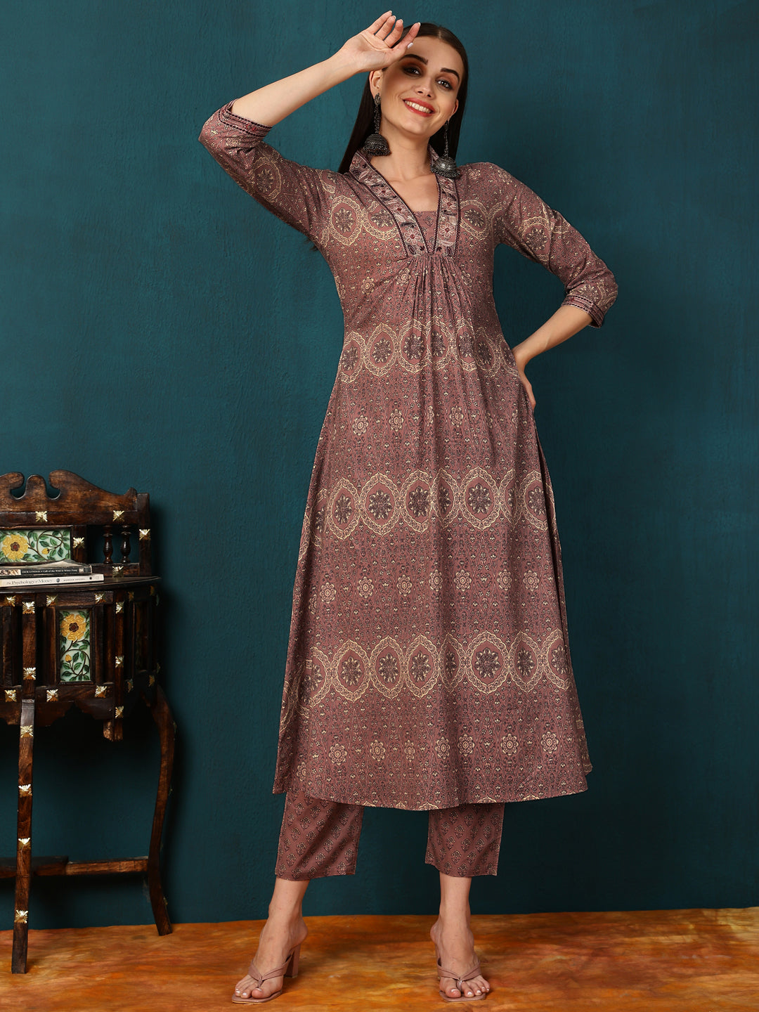Rayon Calf Length Printed Semi-Flared 3/4 Sleeves V-Neck Kurta Bottom Dupatta Set (Preorder)