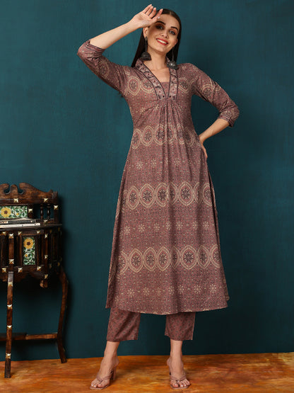Rayon Calf Length Printed Semi-Flared 3/4 Sleeves V-Neck Kurta Bottom Dupatta Set (Preorder)