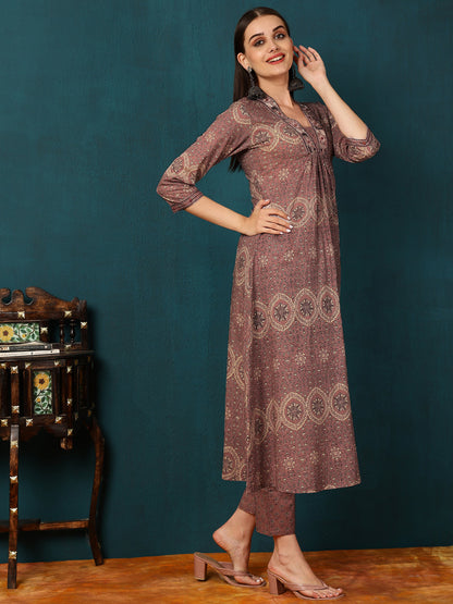 Rayon Calf Length Printed Semi-Flared 3/4 Sleeves V-Neck Kurta Bottom Dupatta Set (Preorder)