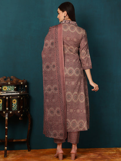 Rayon Calf Length Printed Semi-Flared 3/4 Sleeves V-Neck Kurta Bottom Dupatta Set (Preorder)