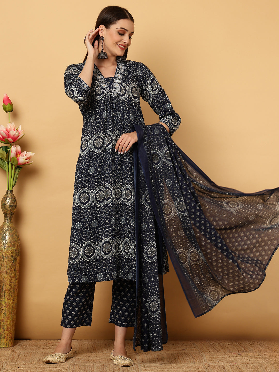 Rayon Calf Length Printed Semi-Flared 3/4 Sleeves V-Neck Kurta Bottom Dupatta Set (Preorder)