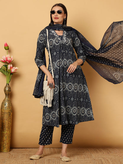 Rayon Calf Length Printed Semi-Flared 3/4 Sleeves V-Neck Kurta Bottom Dupatta Set (Preorder)