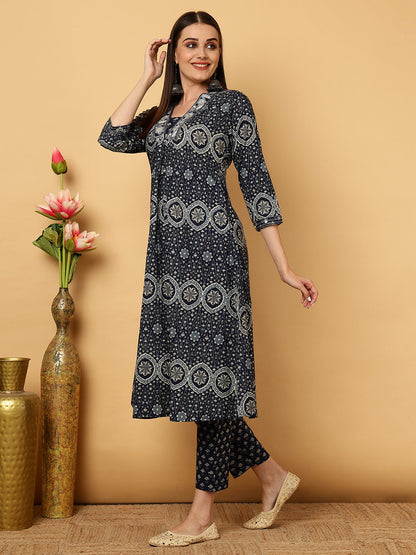 Rayon Calf Length Printed Semi-Flared 3/4 Sleeves V-Neck Kurta Bottom Dupatta Set (Preorder)