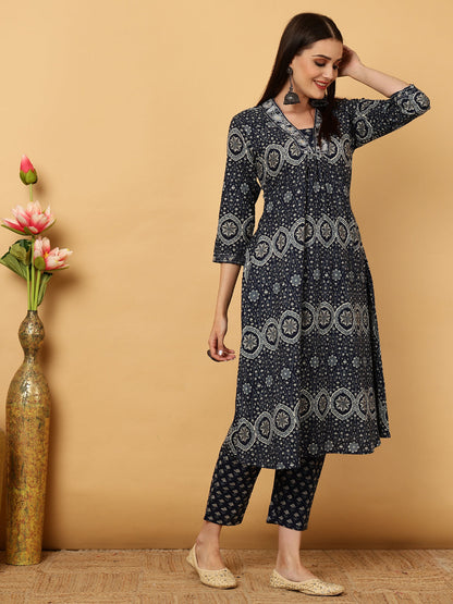 Rayon Calf Length Printed Semi-Flared 3/4 Sleeves V-Neck Kurta Bottom Dupatta Set (Preorder)