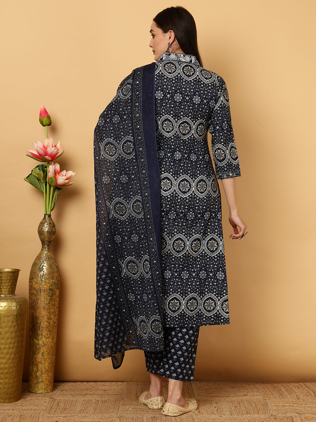 Rayon Calf Length Printed Semi-Flared 3/4 Sleeves V-Neck Kurta Bottom Dupatta Set (Preorder)