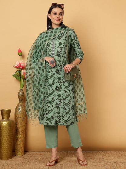 Rayon Calf Length Printed Straight 3/4 Sleeves Round Neck Kurta Bottom Dupatta Set