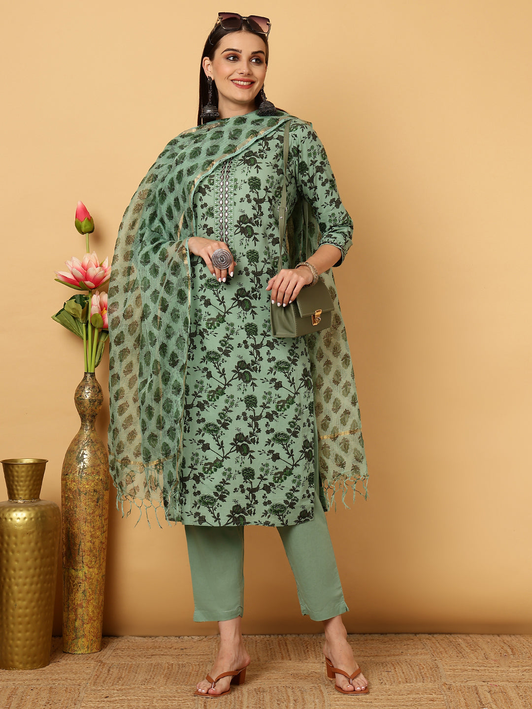 Rayon Calf Length Printed Straight 3/4 Sleeves Round Neck Kurta Bottom Dupatta Set (Preorder)