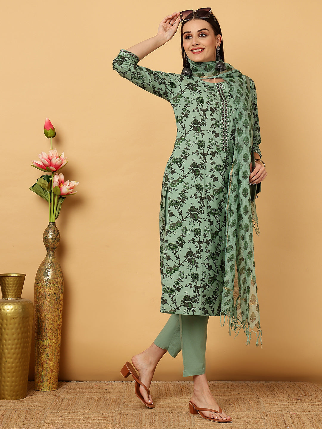 Rayon Calf Length Printed Straight 3/4 Sleeves Round Neck Kurta Bottom Dupatta Set (Preorder)