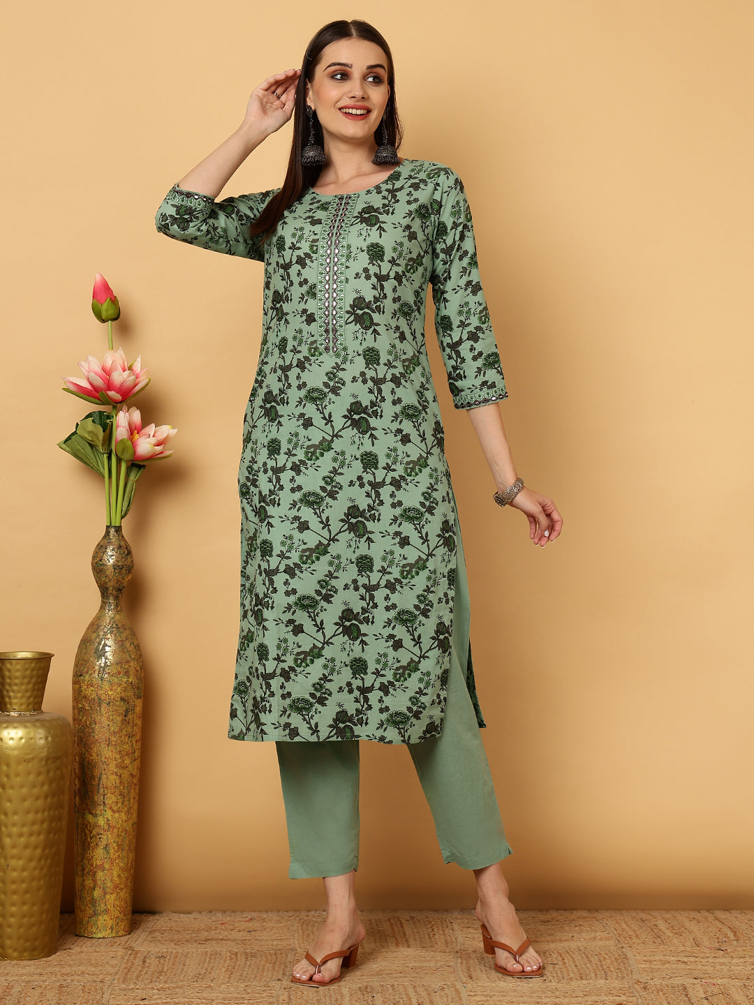 Rayon Calf Length Printed Straight 3/4 Sleeves Round Neck Kurta Bottom Dupatta Set (Preorder)
