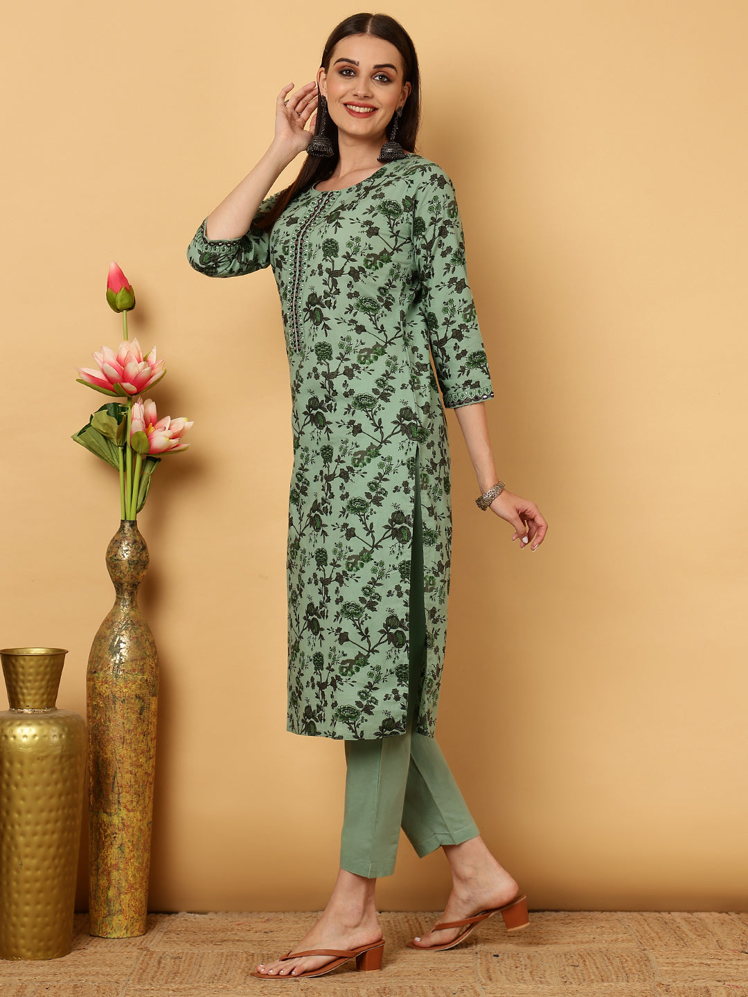 Rayon Calf Length Printed Straight 3/4 Sleeves Round Neck Kurta Bottom Dupatta Set (Preorder)