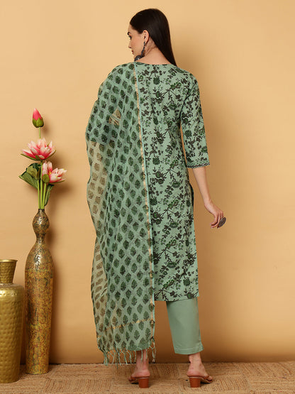 Rayon Calf Length Printed Straight 3/4 Sleeves Round Neck Kurta Bottom Dupatta Set