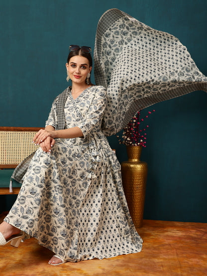 Cotton Calf Length Printed Flared 3/4 Sleeves Round Neck Kurta Bottom Dupatta Set