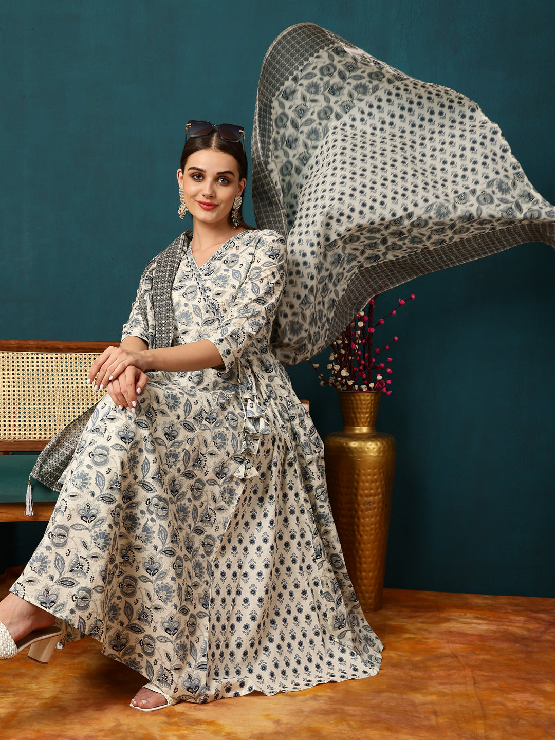 Cotton Calf Length Printed Flared 3/4 Sleeves Round Neck Kurta Bottom Dupatta Set (Preorder)