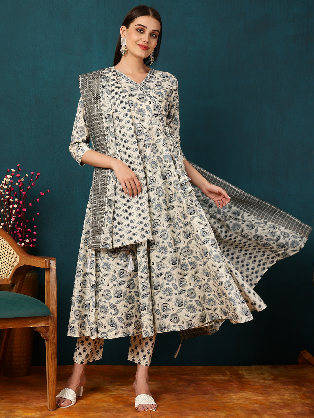 Cotton Calf Length Printed Flared 3/4 Sleeves Round Neck Kurta Bottom Dupatta Set
