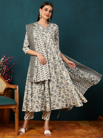 Cotton Calf Length Printed Flared 3/4 Sleeves Round Neck Kurta Bottom Dupatta Set