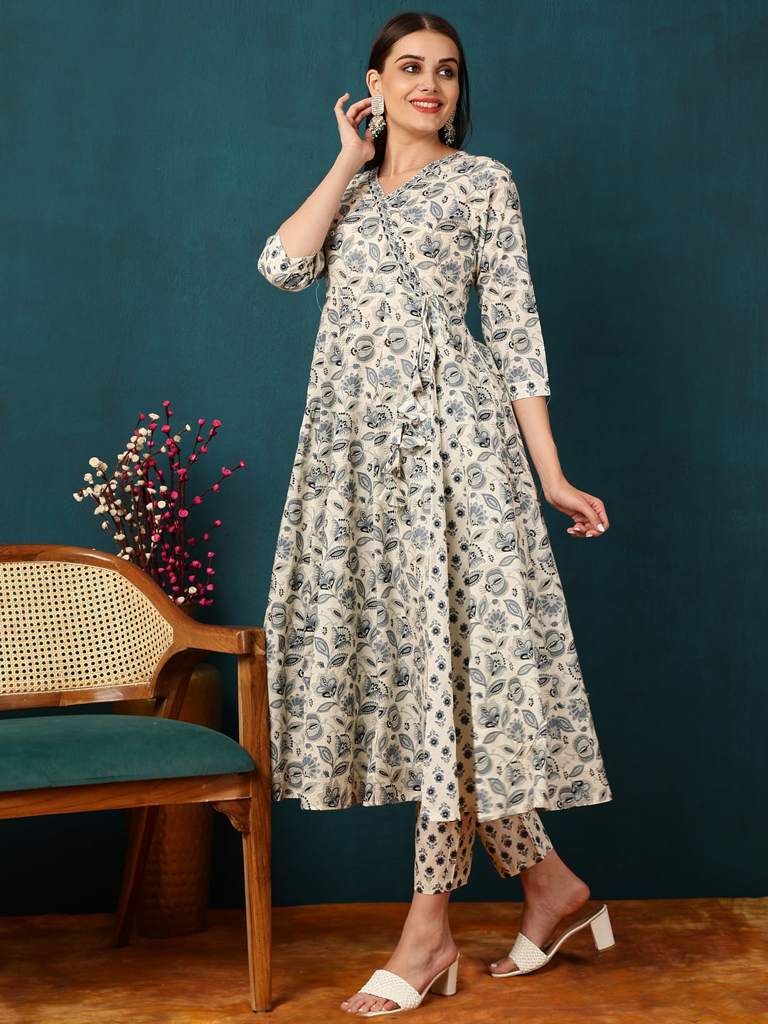 Cotton Calf Length Printed Flared 3/4 Sleeves Round Neck Kurta Bottom Dupatta Set