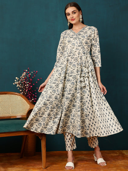 Cotton Calf Length Printed Flared 3/4 Sleeves Round Neck Kurta Bottom Dupatta Set
